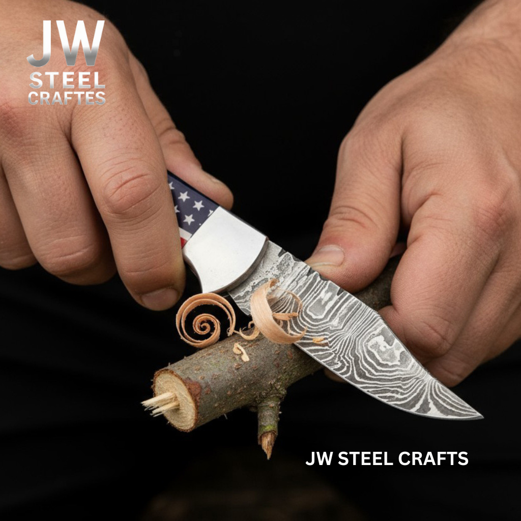 American Flag Damascus Folding Hunter Knife Ram Horn Handle