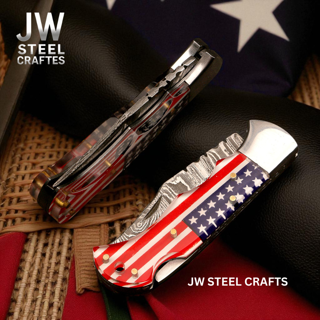 American Flag Damascus Folding Hunter Knife Ram Horn Handle