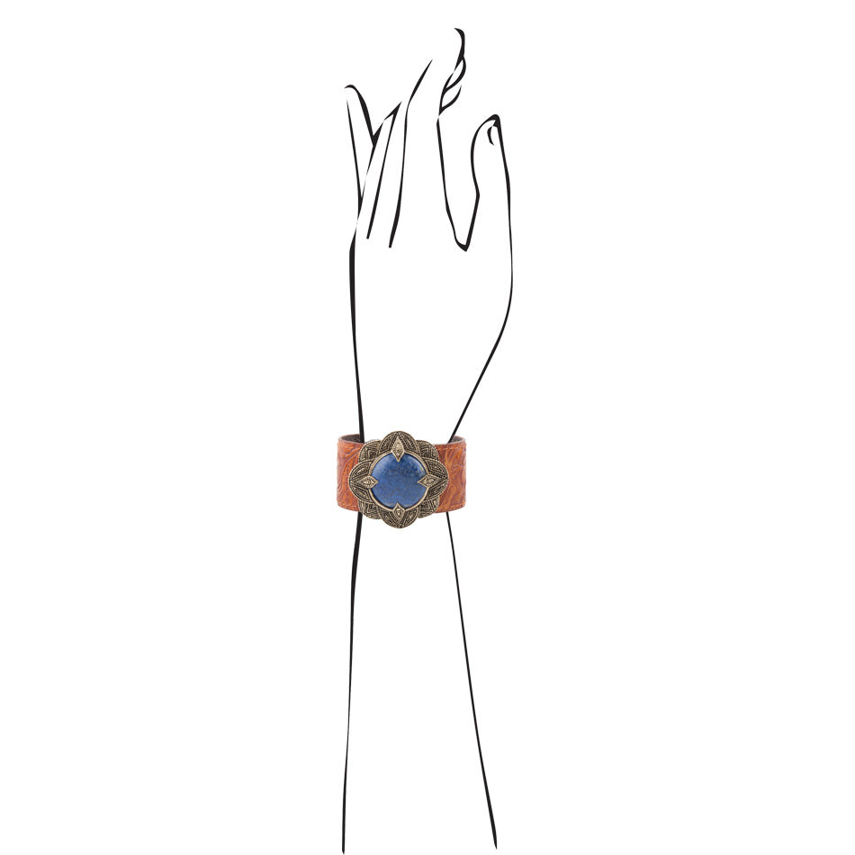 Ornate Blue Lapis Golden Leather Cuff Bracelet