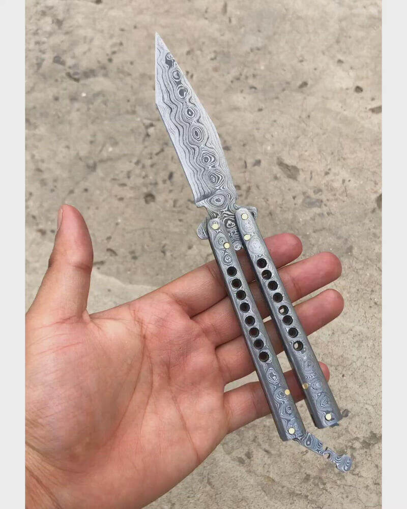 Damascus Balisong Butterfly Knife Damascus Steel Handle Leather Sheath