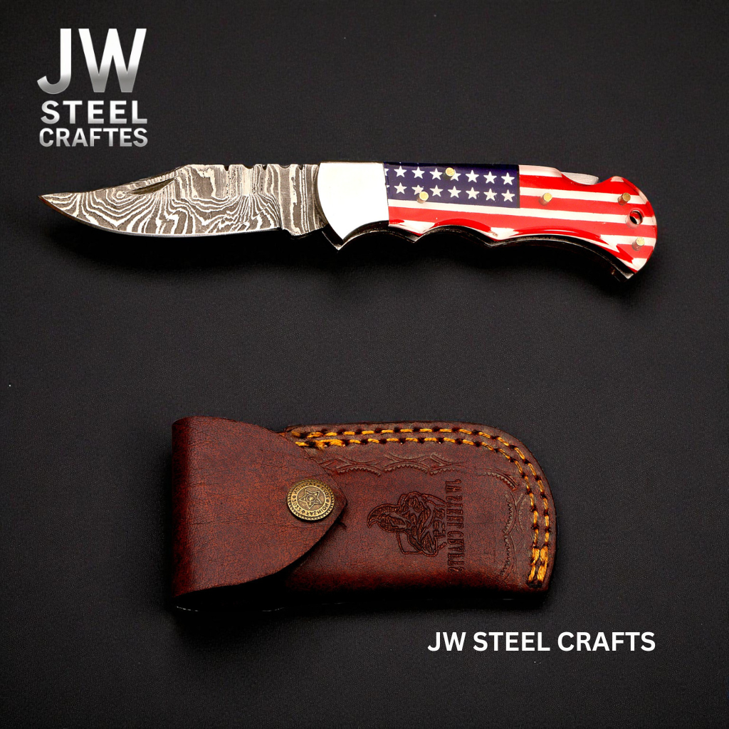 American Flag Damascus Folding Hunter Knife Ram Horn Handle