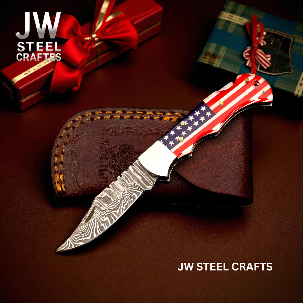 American Flag Damascus Folding Hunter Knife Ram Horn Handle