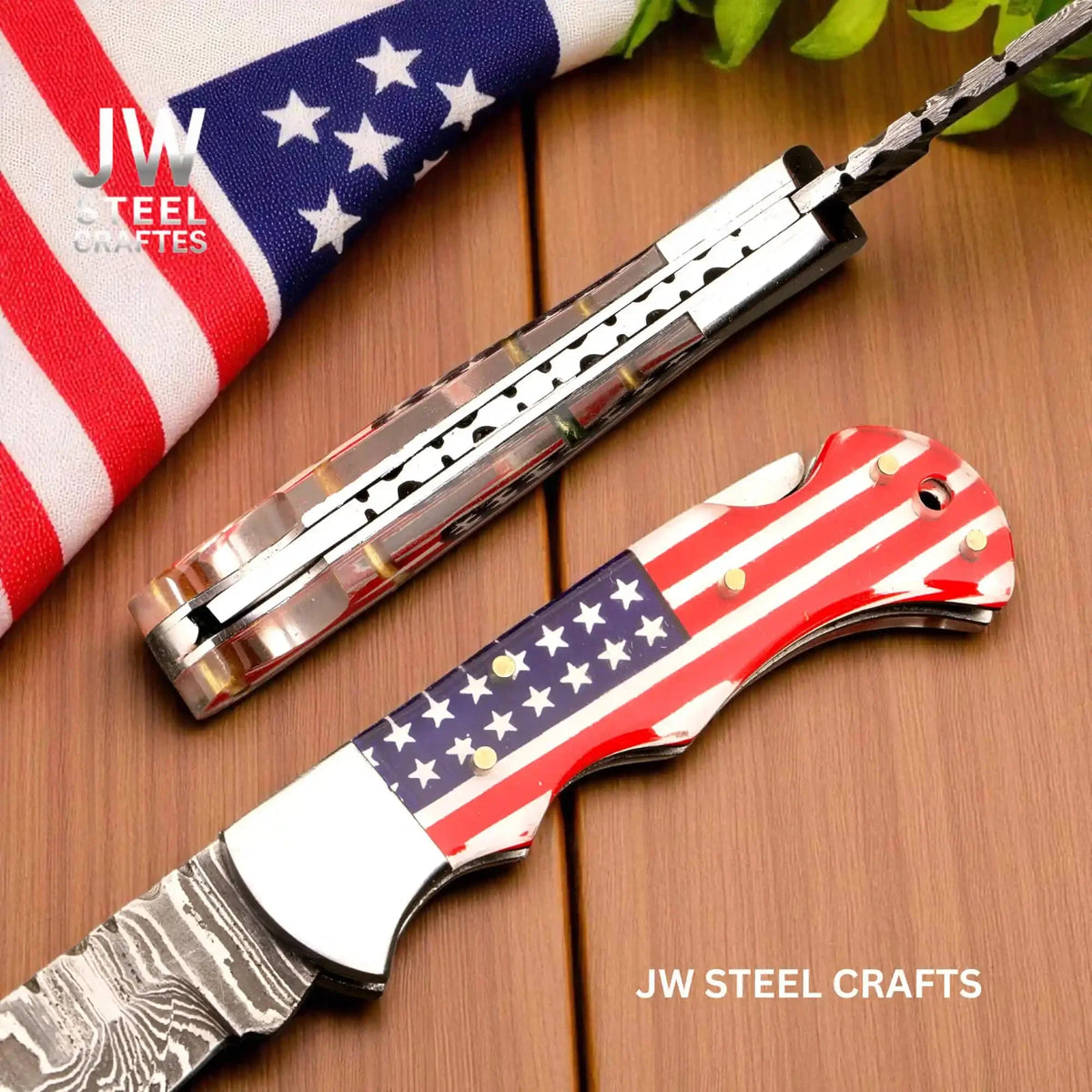 American Flag Damascus Folding Hunter Knife Ram Horn Handle