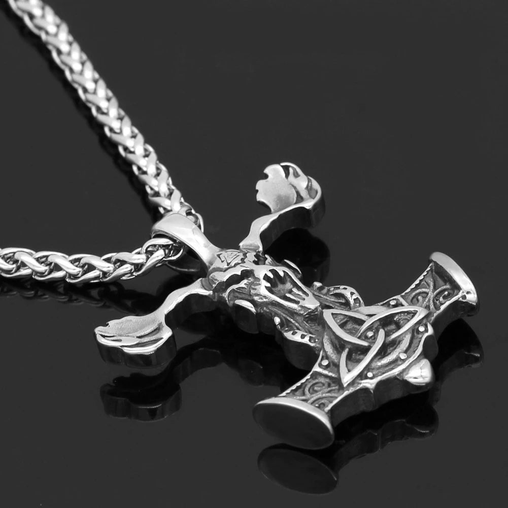 Viking Goat Skull Mjolnir Stainless Steel Pendant Necklace