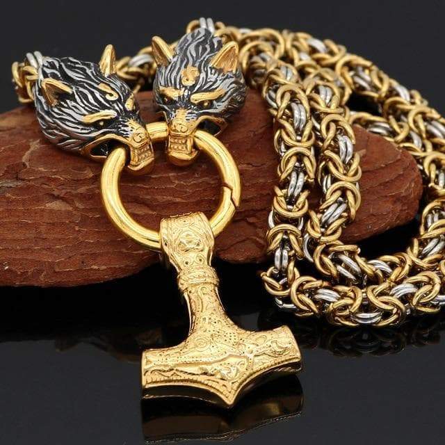 Viking Wolf Head Mjolnir Byzantine Chain Stainless Necklace