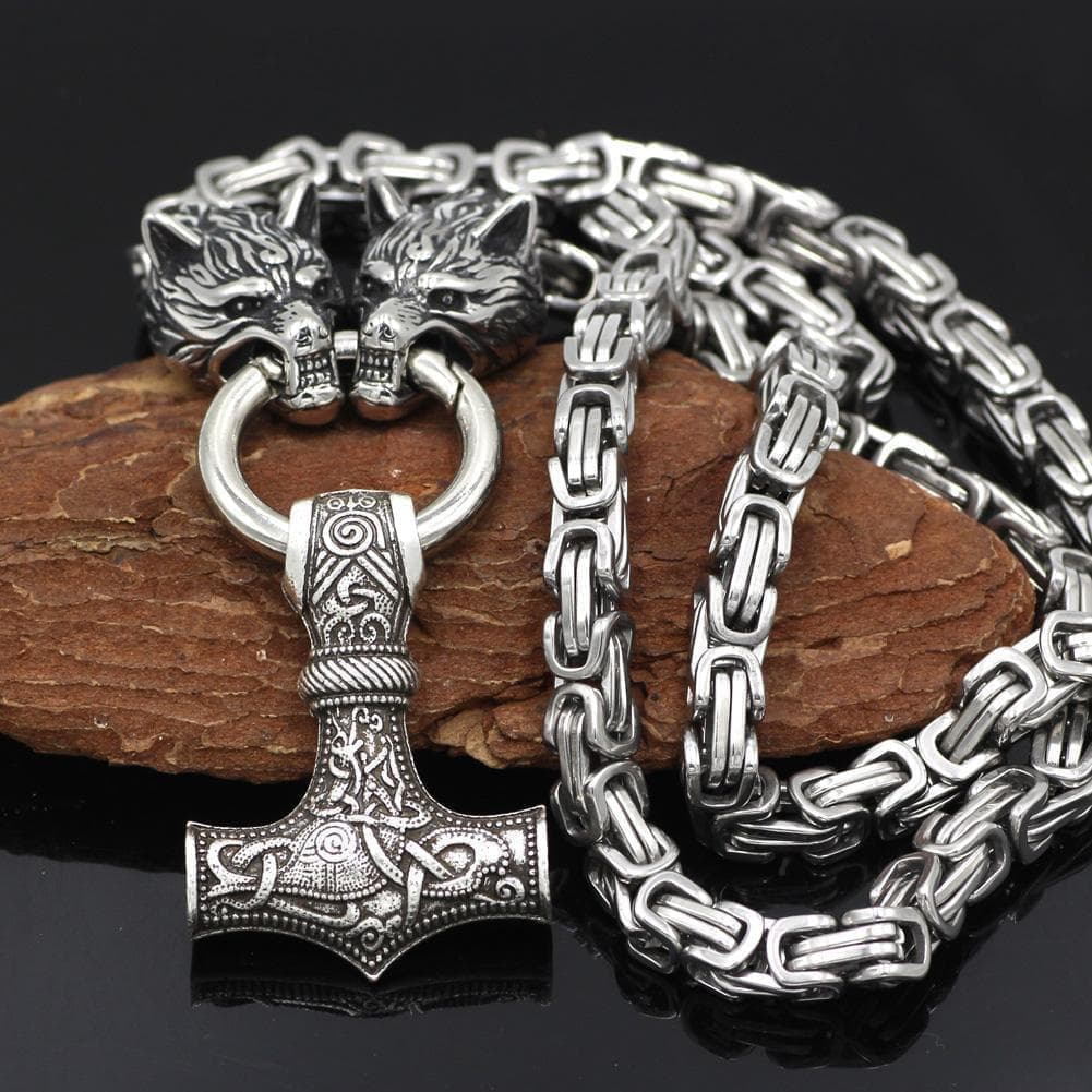 Viking Wolf Mjolnir King Chain Stainless Steel Necklace