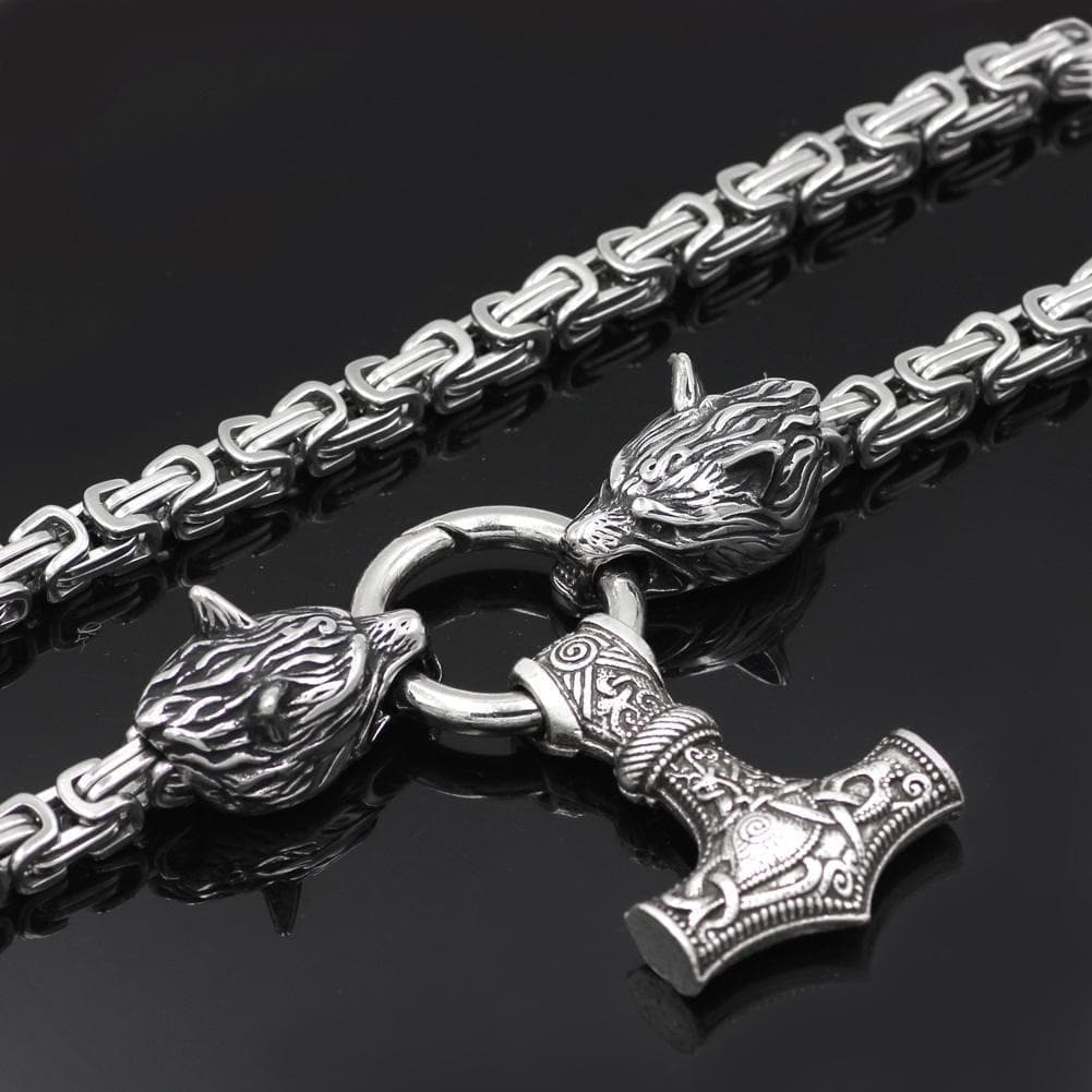 Viking Wolf Mjolnir King Chain Stainless Steel Necklace