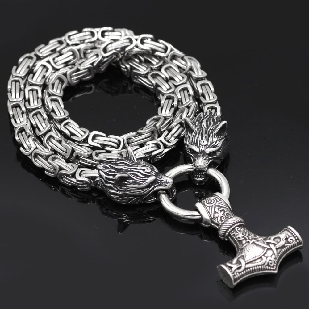 Viking Wolf Mjolnir King Chain Stainless Steel Necklace