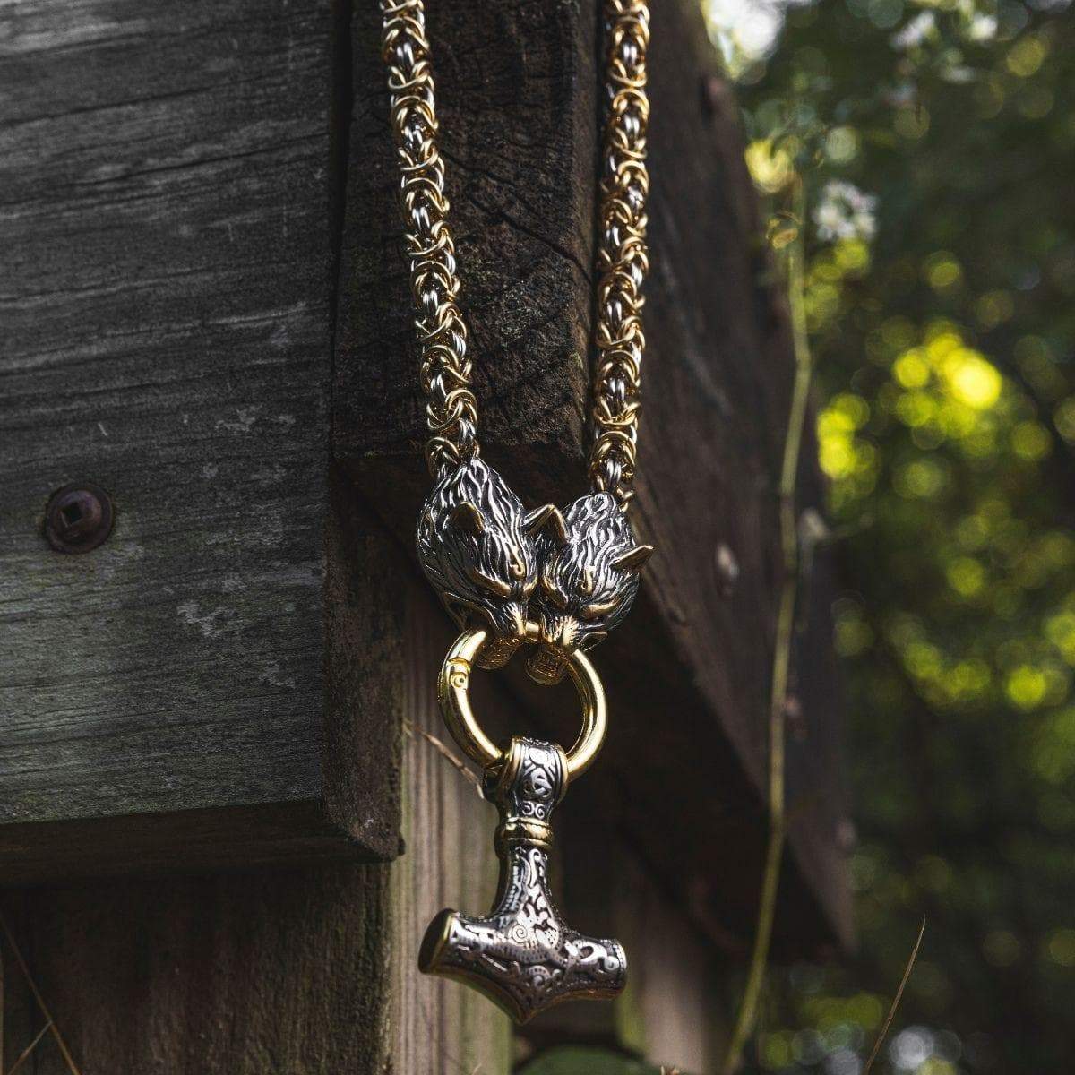 Viking Wolf Head Mjolnir Byzantine Chain Stainless Necklace