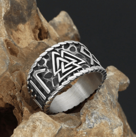Viking Runes and Valknut Stainless Steel Ring Norse Power