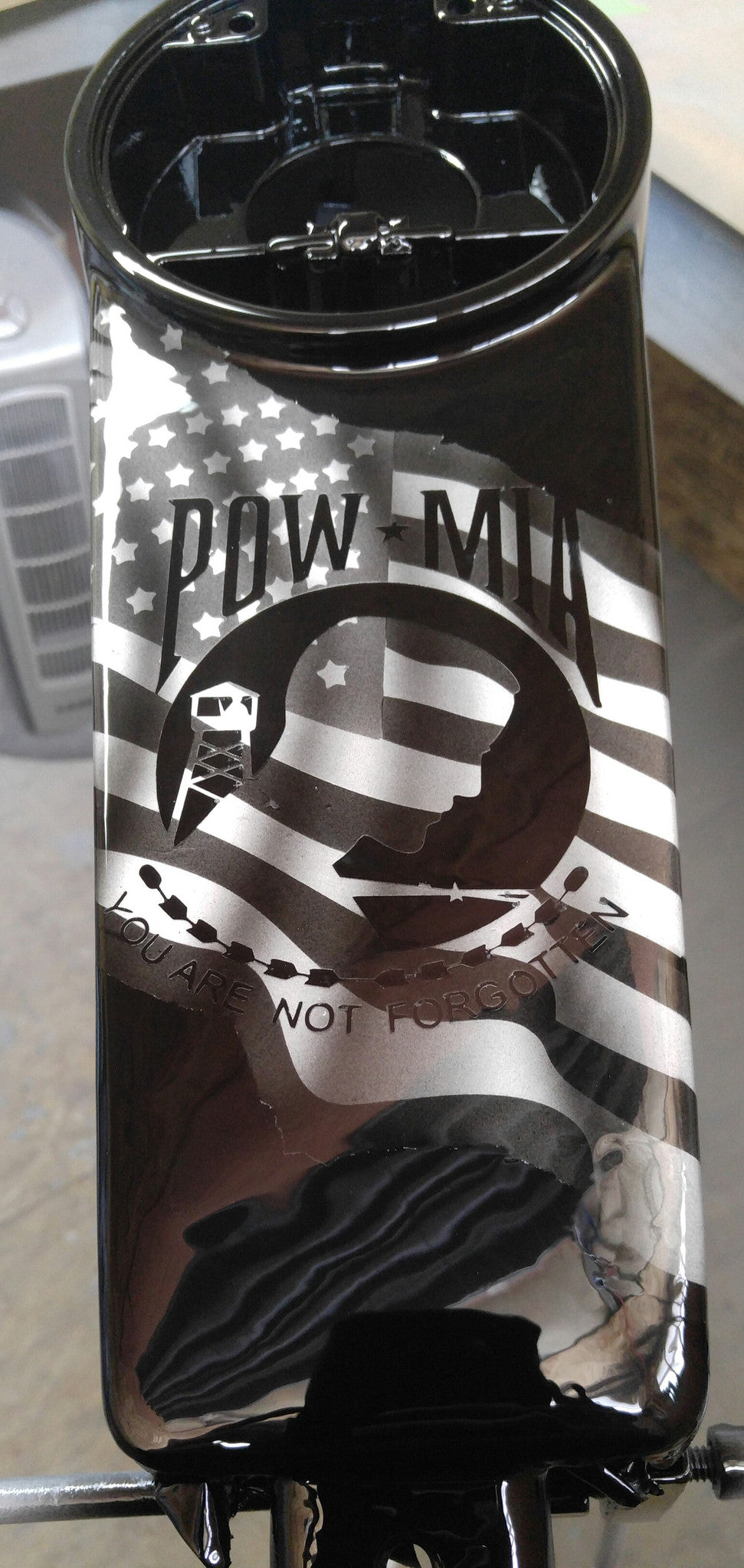 Harley Black and white POW MIA tribute console