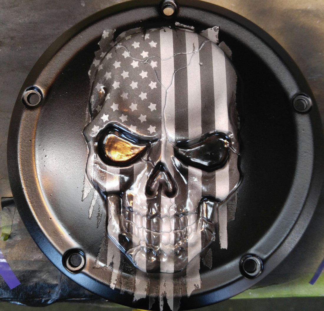Harley Davidson American flag skull with Black and White theme and flat wrinkled black background