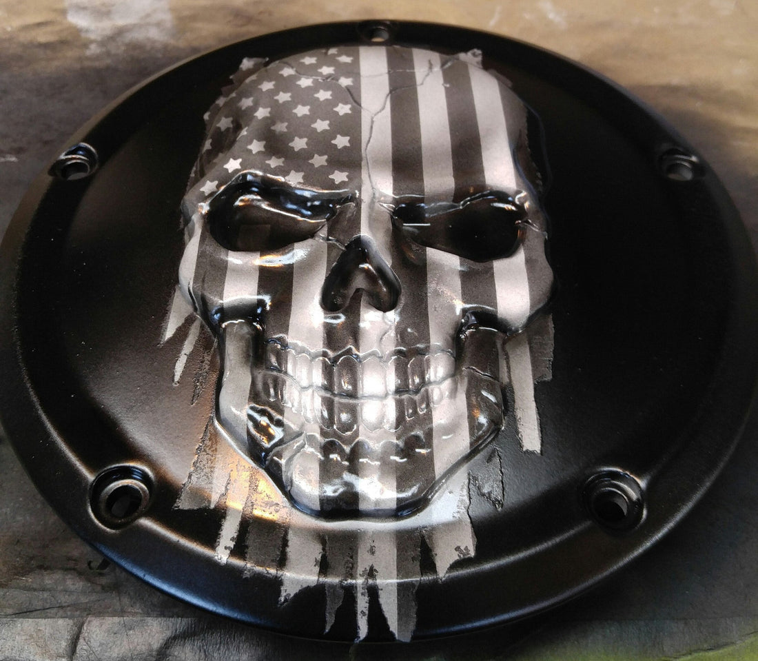 Harley Davidson American flag skull with Black and White theme and flat wrinkled black background