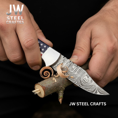 American Flag Damascus Folding Hunter Knife Ram Horn Handle
