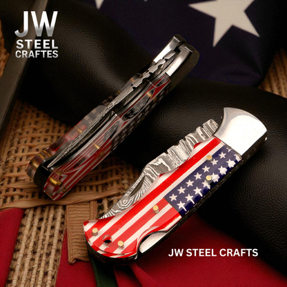 American Flag Damascus Folding Hunter Knife Ram Horn Handle