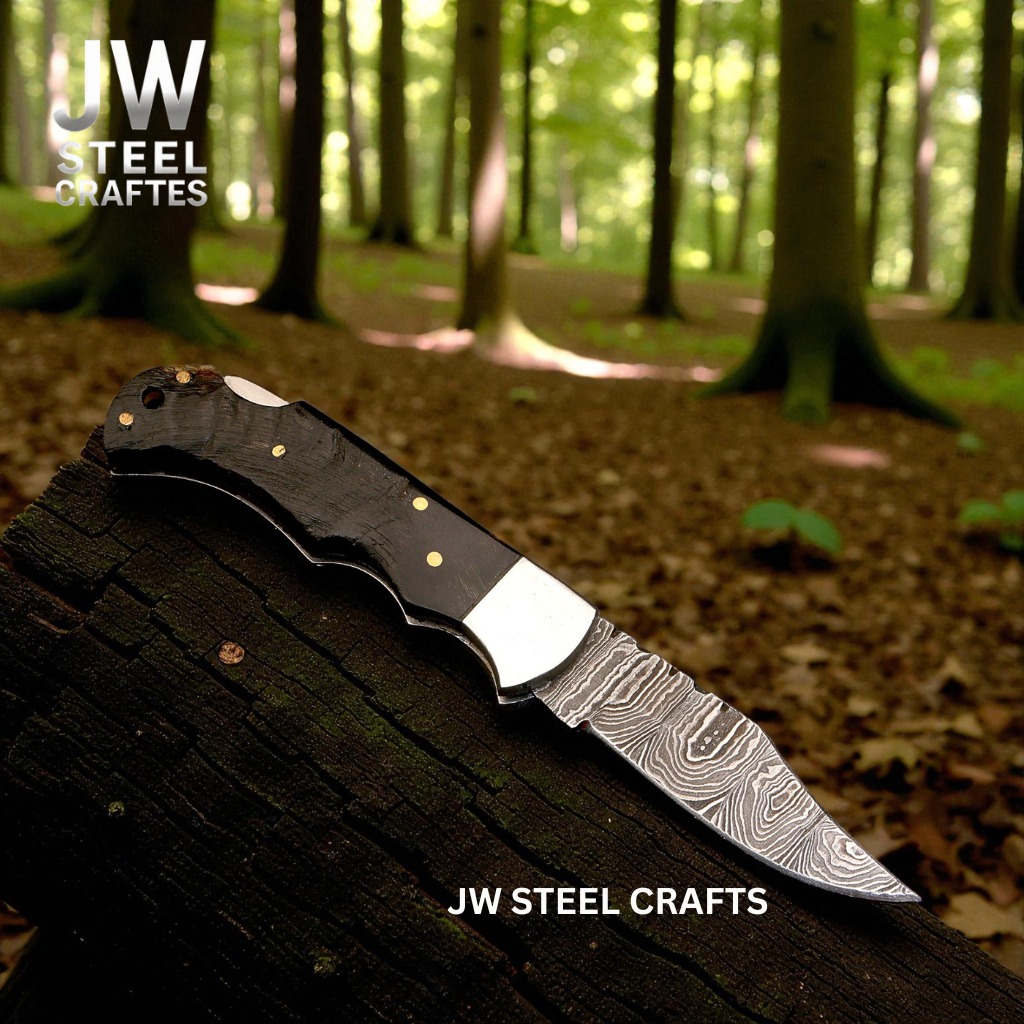 American Flag Damascus Folding Hunter Knife Ram Horn Handle