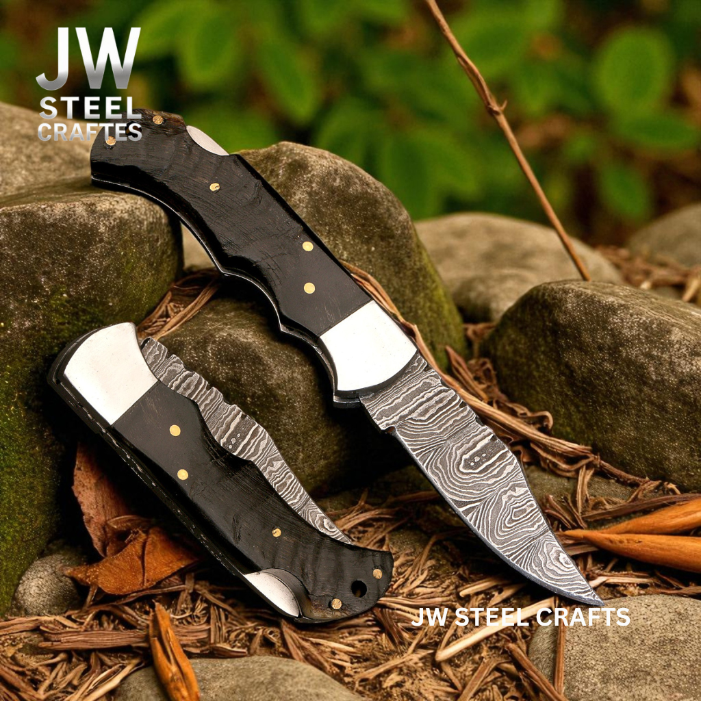 American Flag Damascus Folding Hunter Knife Ram Horn Handle