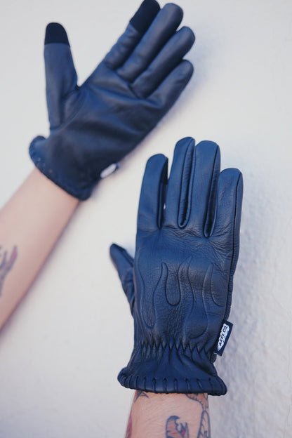 Embossed Black Cowhide Flame Gloves