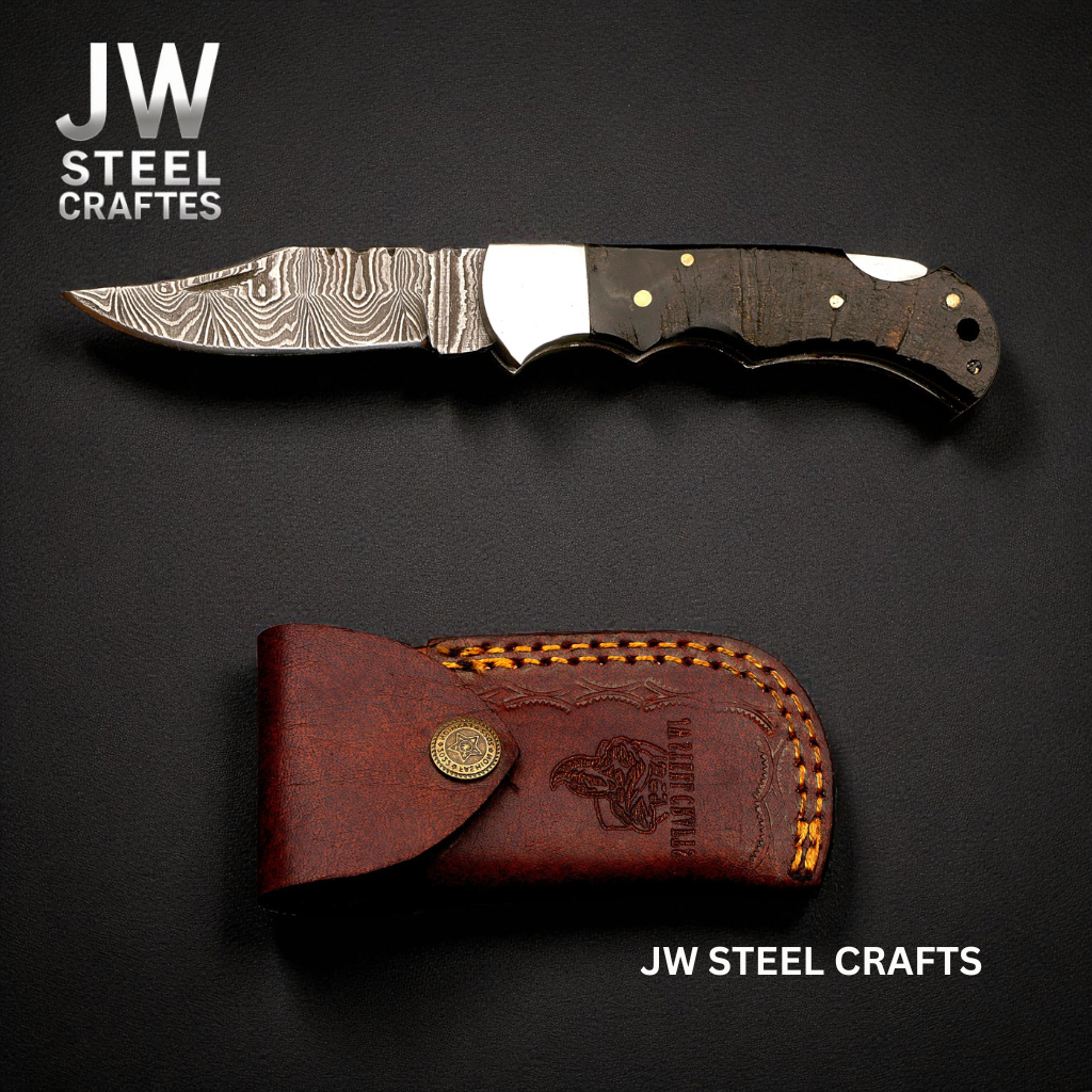 American Flag Damascus Folding Hunter Knife Ram Horn Handle