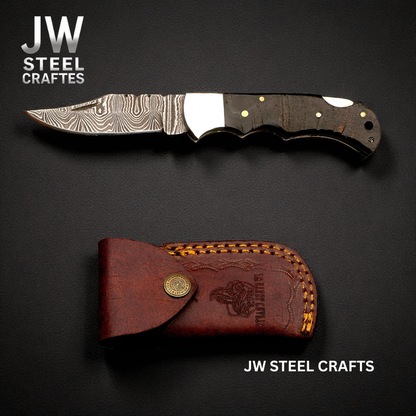 American Flag Damascus Folding Hunter Knife Ram Horn Handle