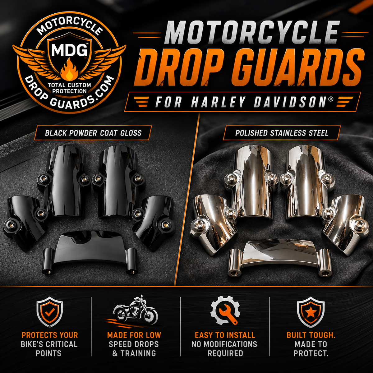 Motorcycle Drop Guards™ for Harley Davidson Motorcycles