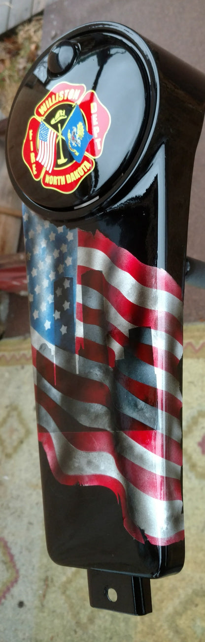 Harley Davidson 9/11 tribute on a worn and tattered American flag console
