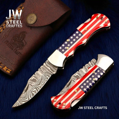 American Flag Damascus Folding Hunter Knife Ram Horn Handle