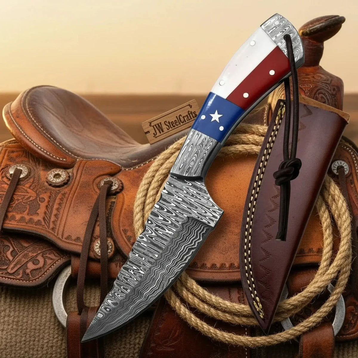 Texas Flag Lone Star Skinner Knife Damascus Steel Blade