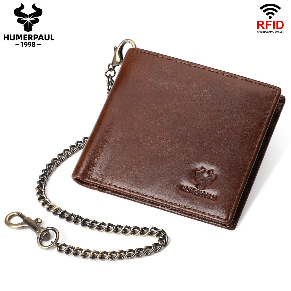 First Layer Cowhide Metal Chain Simple Short Men&