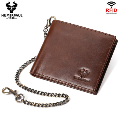 First Layer Cowhide Metal Chain Simple Short Men&