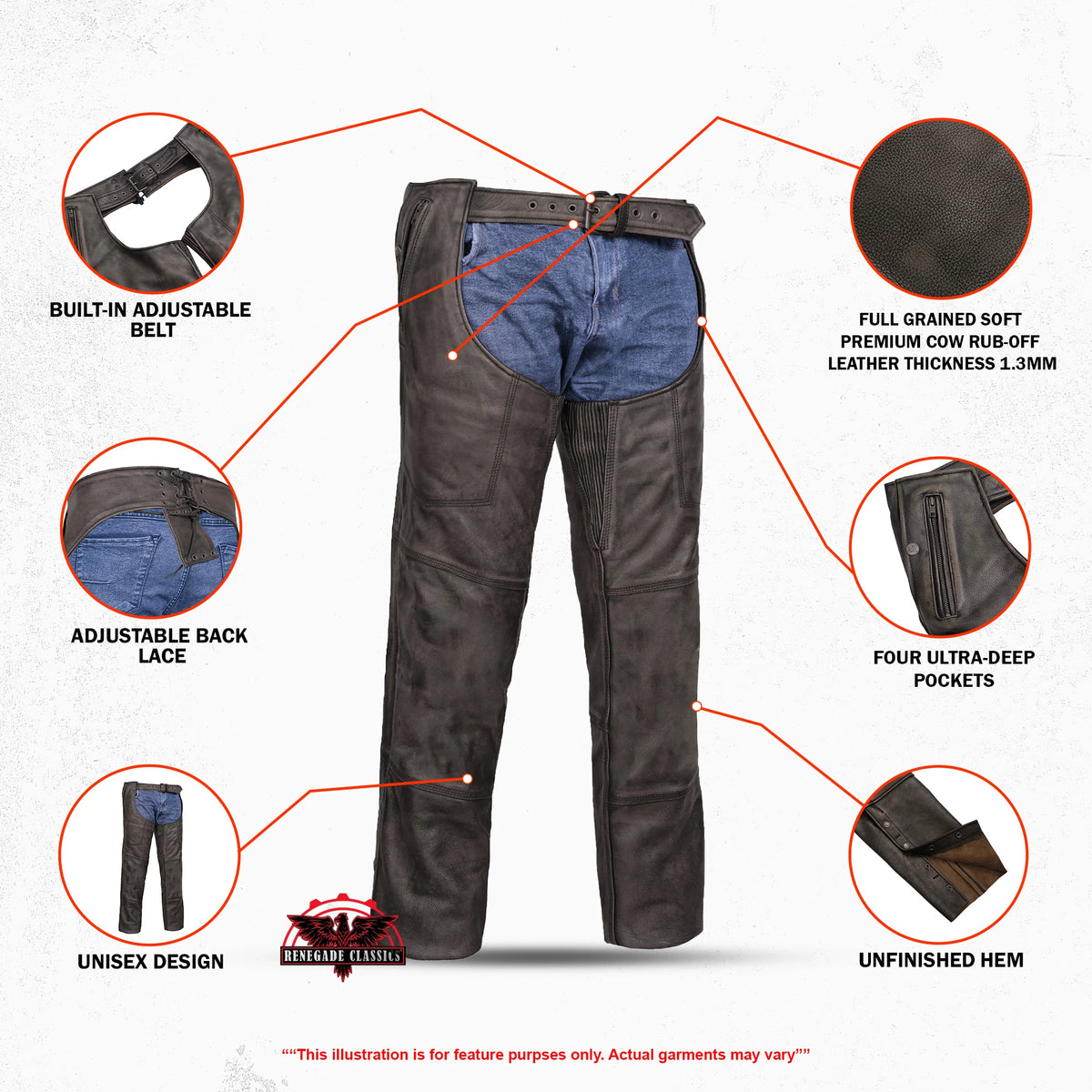 Unisex Insulated Motorcycle Chaps 4 Pockets Stretch Thigh