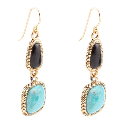 Black Onyx and Blue turquoise Golden Bronze Drop Earrings