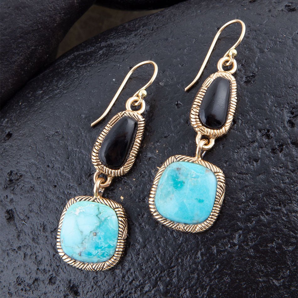Black Onyx and Blue turquoise Golden Bronze Drop Earrings