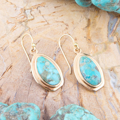 Genuine Blue Turquoise Golden Drop Earrings