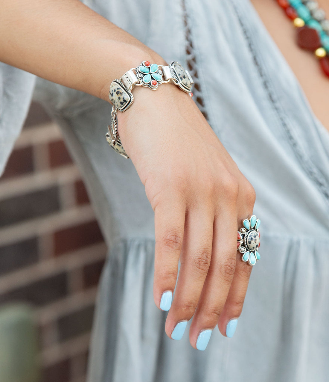 Legacy Blue Turquoise and Dalmatian Jasper Golden Bracelet