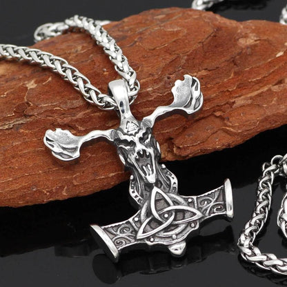 Viking Goat Skull Mjolnir Stainless Steel Pendant Necklace