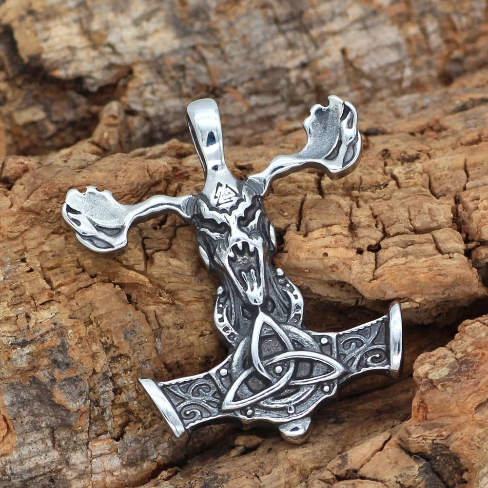 Viking Goat Skull Mjolnir Stainless Steel Pendant Necklace