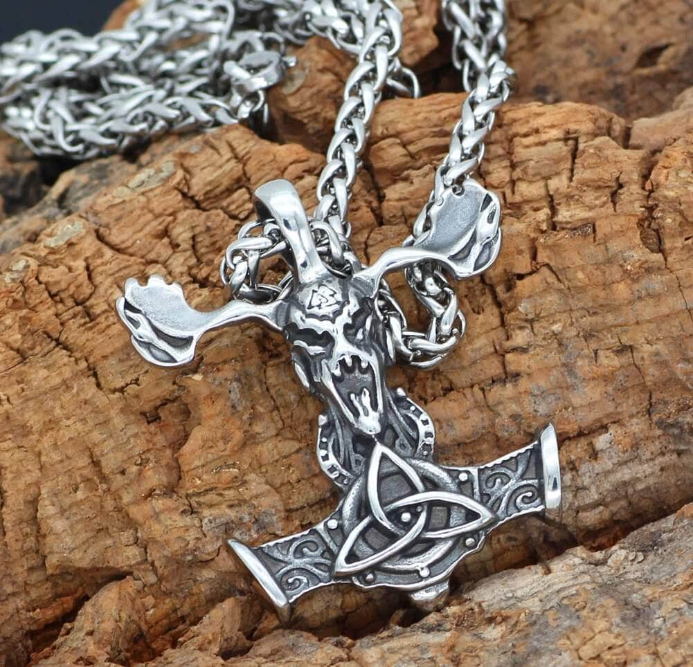 Viking Goat Skull Mjolnir Stainless Steel Pendant Necklace