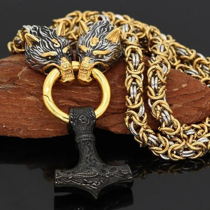 Viking Wolf Head Mjolnir Byzantine Chain Stainless Necklace