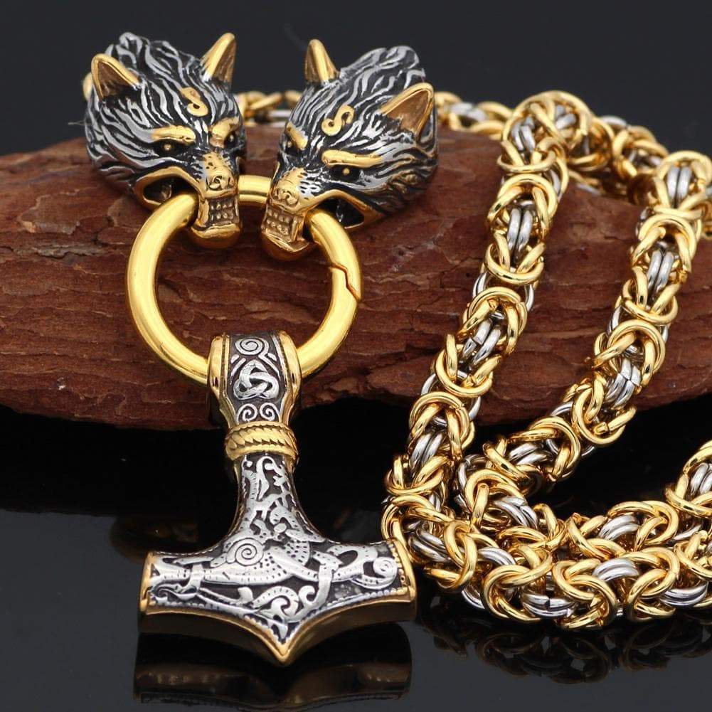 Viking Wolf Head Mjolnir Byzantine Chain Stainless Necklace