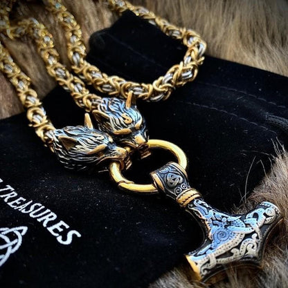 Viking Wolf Head Mjolnir Byzantine Chain Stainless Necklace