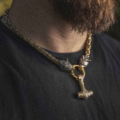 Viking Wolf Head Mjolnir Byzantine Chain Stainless Necklace