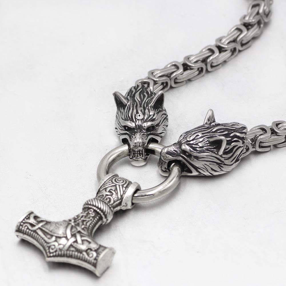 Viking Wolf Mjolnir King Chain Stainless Steel Necklace