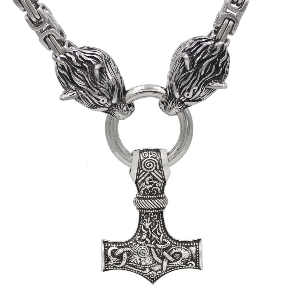 Viking Wolf Mjolnir King Chain Stainless Steel Necklace