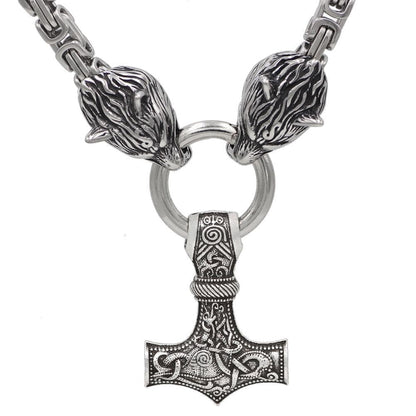 Viking Wolf Mjolnir King Chain Stainless Steel Necklace