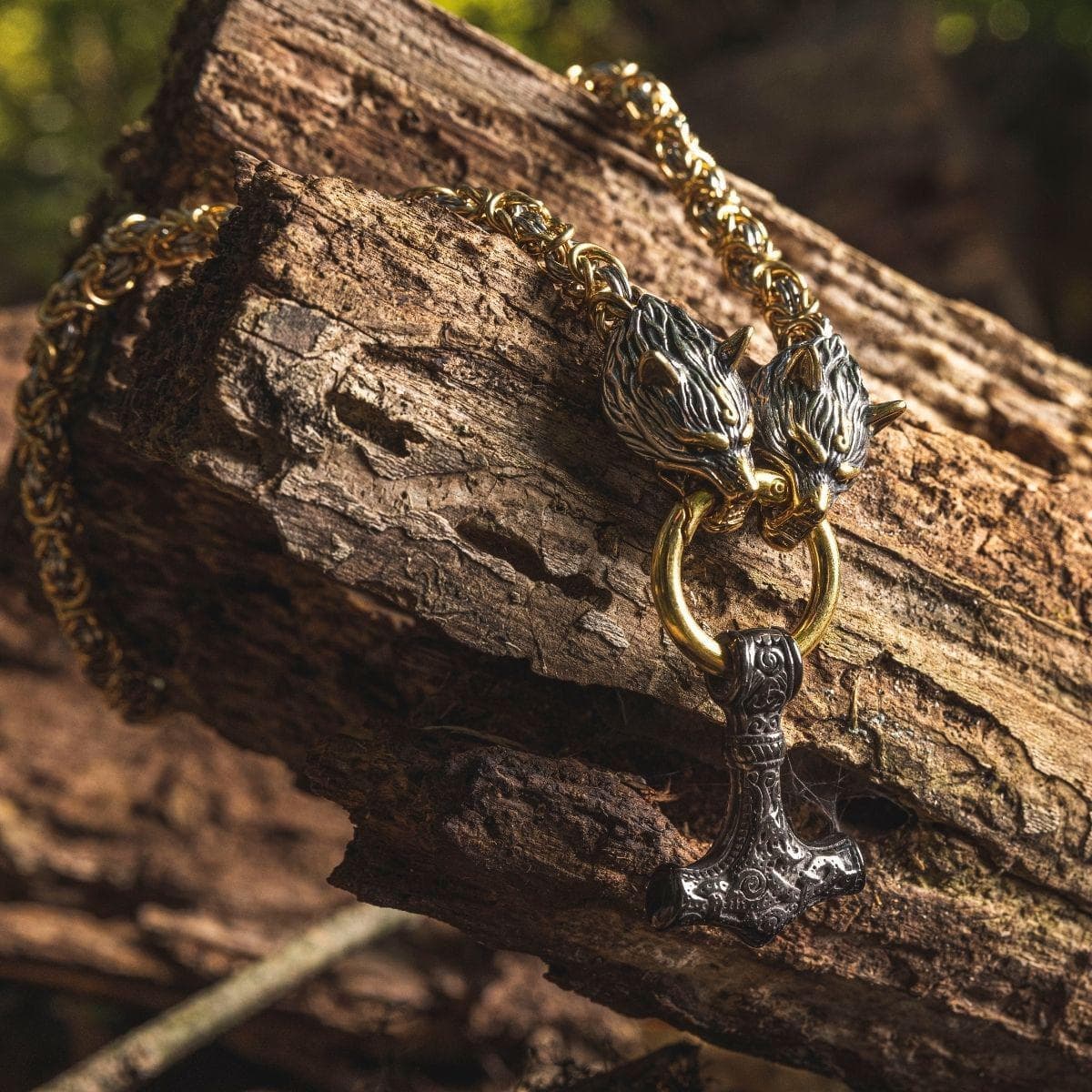 Viking Wolf Head Mjolnir Byzantine Chain Stainless Necklace