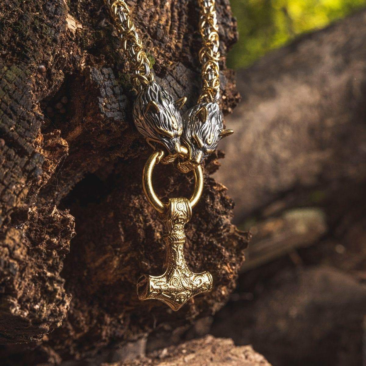 Viking Wolf Head Mjolnir Byzantine Chain Stainless Necklace