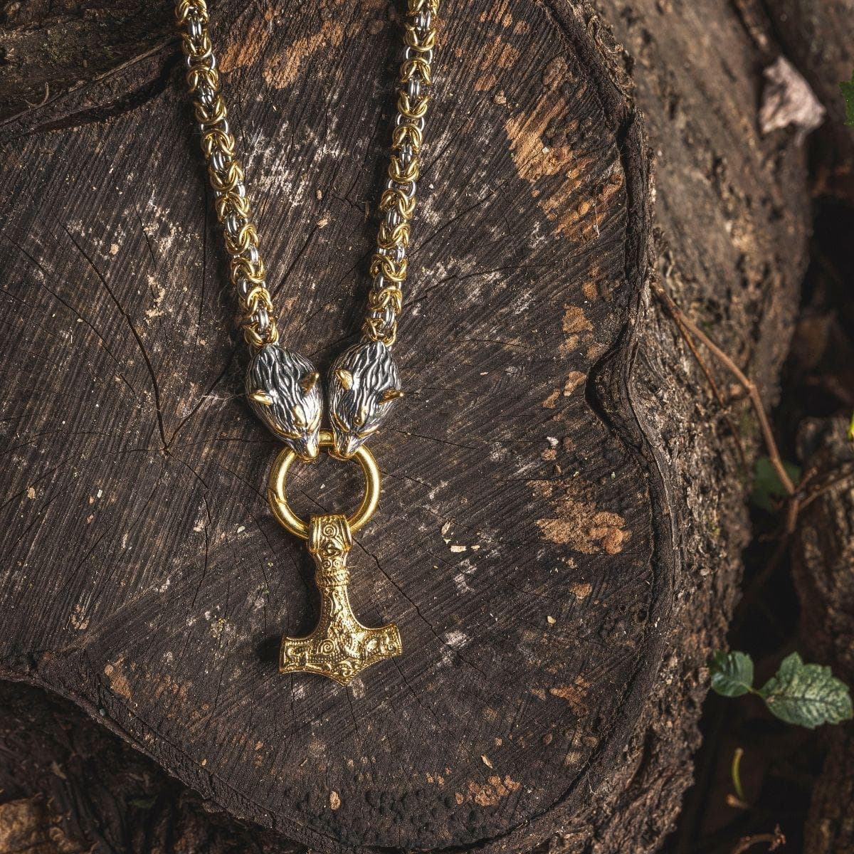 Viking Wolf Head Mjolnir Byzantine Chain Stainless Necklace