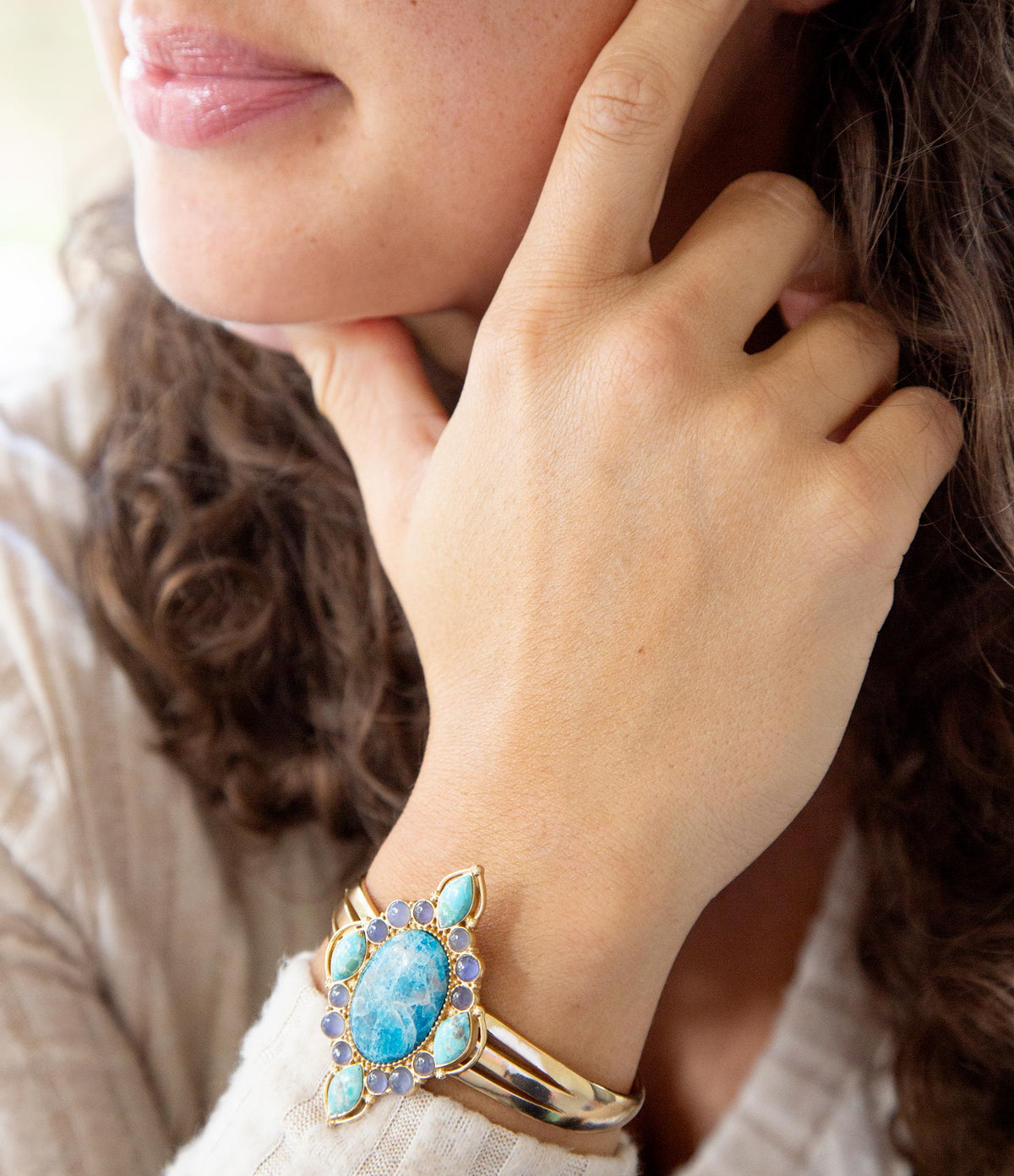 Regal Blue Apatite Mixed Stone Golden Cuff Bracelets