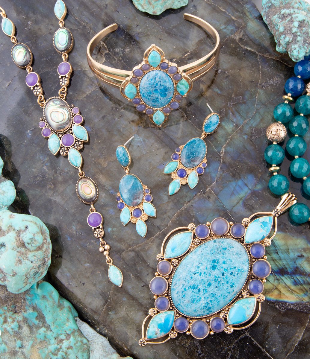 Regal Blue Apatite Mixed Stone Golden Cuff Bracelets